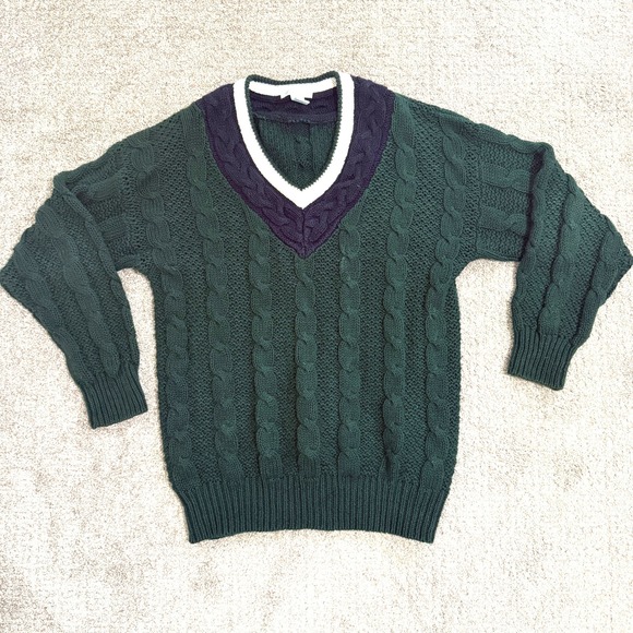 Jamie Scott Sweaters - Jamie Scott Green Cable Knit V Neck Tennis Sweater Navy Cream Preppy Medium